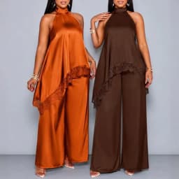 Luxury Lace Splicing Tank Top+Pants 2pc Set Casual Solid Off Shoulder Irregular Office Suit Elegant Half High Neck Loose Outfit