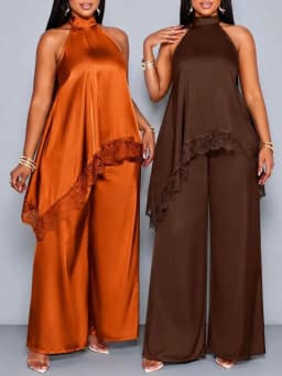 Luxury Lace Splicing Tank Top+Pants 2pc Set Casual Solid Off Shoulder Irregular Office Suit Elegant Half High Neck Loose Outfit