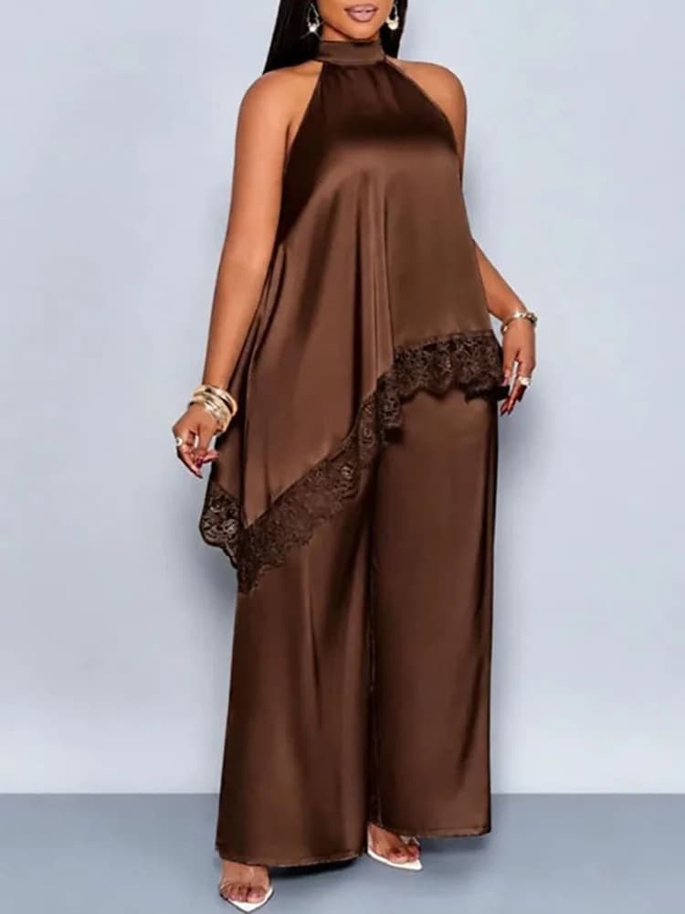 Luxury Lace Splicing Tank Top+Pants 2pc Set Casual Solid Off Shoulder Irregular Office Suit Elegant Half High Neck Loose Outfit