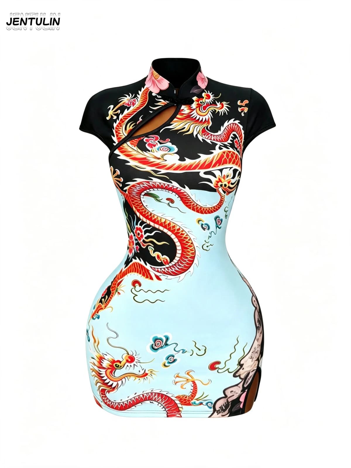 Y2K Streetwear Party Club Dresses Women Chinese Style Dragon Print Qipao Dress Short Sleeve Cutout Bodycon Cheongsam Split Hem