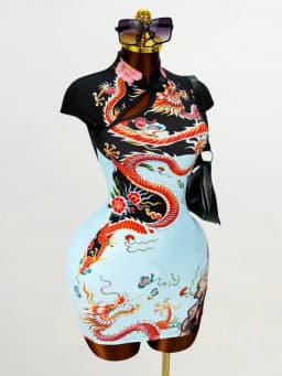 Y2K Streetwear Party Club Dresses Women Chinese Style Dragon Print Qipao Dress Short Sleeve Cutout Bodycon Cheongsam Split Hem