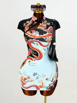 Y2K Streetwear Party Club Dresses Women Chinese Style Dragon Print Qipao Dress Short Sleeve Cutout Bodycon Cheongsam Split Hem