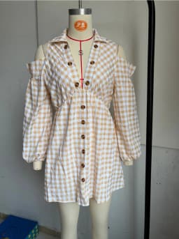 Fashion Cold Shoulder Gingham Plaid Dress Women's Lapel Collar Lantern Long Sleeve Button Front A‑Line Casual Short Mini Dress
