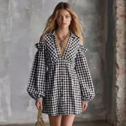 Fashion Cold Shoulder Gingham Plaid Dress Women's Lapel Collar Lantern Long Sleeve Button Front A‑Line Casual Short Mini Dress