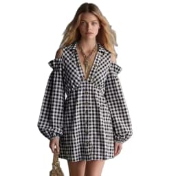 Fashion Cold Shoulder Gingham Plaid Dress Women's Lapel Collar Lantern Long Sleeve Button Front A‑Line Casual Short Mini Dress