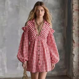 Fashion Cold Shoulder Gingham Plaid Dress Women's Lapel Collar Lantern Long Sleeve Button Front A‑Line Casual Short Mini Dress