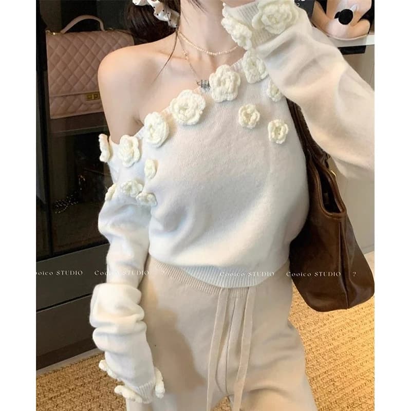 Women 3D Rose Applique Knit Sweater Off Shoulder Pullover Asymmetric Neck Cropped Top Y2K Coquette Winter Jumper