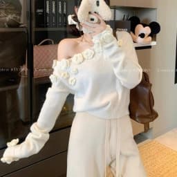 Women 3D Rose Applique Knit Sweater Off Shoulder Pullover Asymmetric Neck Cropped Top Y2K Coquette Winter Jumper
