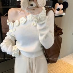 Women 3D Rose Applique Knit Sweater Off Shoulder Pullover Asymmetric Neck Cropped Top Y2K Coquette Winter Jumper