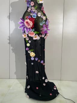 Sexy Halter Mesh See Through Long Dress Women Sparkly Diamonds 3D Flower Evening Party Birthday Photoshoot Nightclub Stage Wear