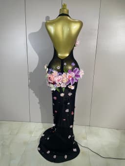 Sexy Halter Mesh See Through Long Dress Women Sparkly Diamonds 3D Flower Evening Party Birthday Photoshoot Nightclub Stage Wear