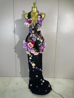Sexy Halter Mesh See Through Long Dress Women Sparkly Diamonds 3D Flower Evening Party Birthday Photoshoot Nightclub Stage Wear
