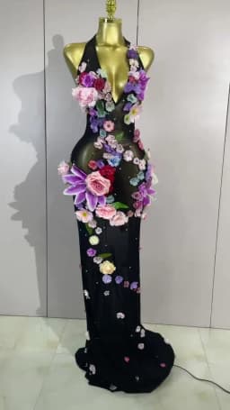 Sexy Halter Mesh See Through Long Dress Women Sparkly Diamonds 3D Flower Evening Party Birthday Photoshoot Nightclub Stage Wear