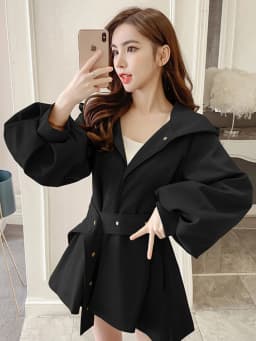 Elegant Belt Trench Women Fashion Lantern Sleeve Slim Sweet Fall Coat Casual Chic Single Breasted Female Solid Hooded Jacket Top