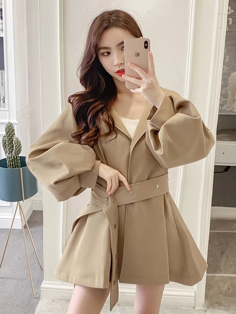 Elegant Belt Trench Women Fashion Lantern Sleeve Slim Sweet Fall Coat Casual Chic Single Breasted Female Solid Hooded Jacket Top