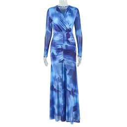 Sexy V Neck Wrap Hip Party Dresses Blue Pattern Printed Slim Fit Robe Dress Early Autumn Long Sleeved Pleated Commuting Dress