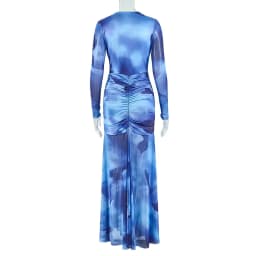 Sexy V Neck Wrap Hip Party Dresses Blue Pattern Printed Slim Fit Robe Dress Early Autumn Long Sleeved Pleated Commuting Dress