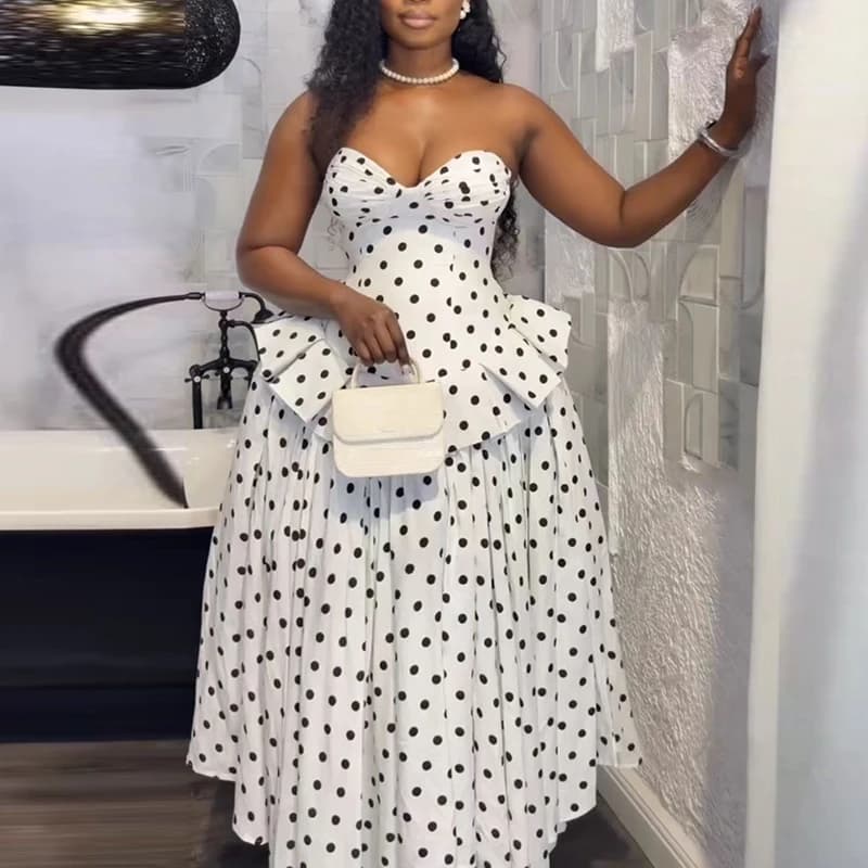 Polka Dot Print Design Slim Fit Prom Dress Strapless High Waisted Swing Women's Long Dress Backless Bandage Elegant Evening Gown