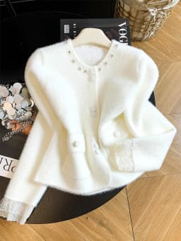 Women Elegant Sweet Cardigan Fashion O Neck Pearls Diamond Knitted Sweater Fall Winter Preppy Style Lace Patchwork Cute Top Coat
