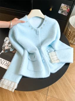 Women Elegant Sweet Cardigan Fashion O Neck Pearls Diamond Knitted Sweater Fall Winter Preppy Style Lace Patchwork Cute Top Coat
