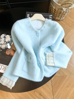 Women Elegant Sweet Cardigan Fashion O Neck Pearls Diamond Knitted Sweater Fall Winter Preppy Style Lace Patchwork Cute Top Coat