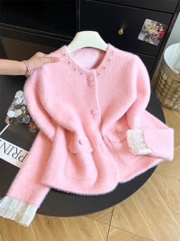 Women Elegant Sweet Cardigan Fashion O Neck Pearls Diamond Knitted Sweater Fall Winter Preppy Style Lace Patchwork Cute Top Coat