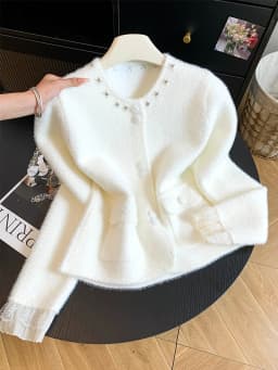 Women Elegant Sweet Cardigan Fashion O Neck Pearls Diamond Knitted Sweater Fall Winter Preppy Style Lace Patchwork Cute Top Coat