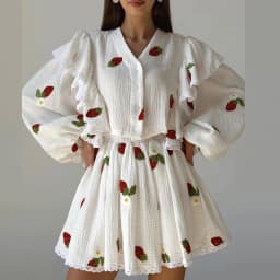 Elegant High Waist Half Skirts Lady Outfit Fashion V-neck Long Sleeve Shirts&Skirts Sets Casual Women's Hollow Out Vacation Sets