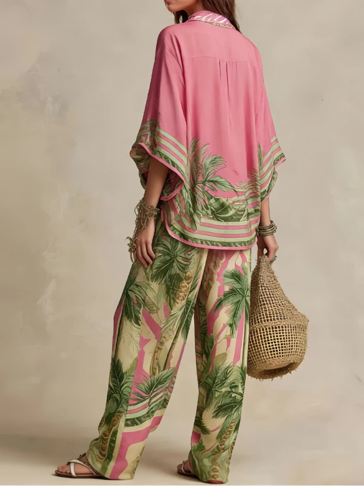 Fashion Printed Tops & Long Pant Sets Summer Woman Beach Holiday Suit Casual Loose Wide Leg 2 Piece Sets Female Vacation Suits