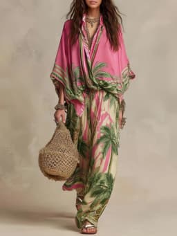 Fashion Printed Tops & Long Pant Sets Summer Woman Beach Holiday Suit Casual Loose Wide Leg 2 Piece Sets Female Vacation Suits
