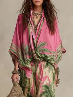 Fashion Printed Tops & Long Pant Sets Summer Woman Beach Holiday Suit Casual Loose Wide Leg 2 Piece Sets Female Vacation Suits