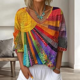 2026 Casual Streetwear Shirt Harajuku Vintage Geometric Print Loose Women's Blouse Elegant V Neck 3/4 Sleeve Autumn Top Pullover