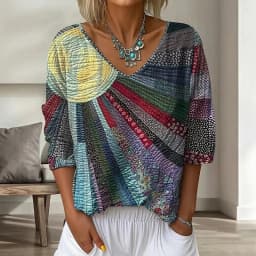 2026 Casual Streetwear Shirt Harajuku Vintage Geometric Print Loose Women's Blouse Elegant V Neck 3/4 Sleeve Autumn Top Pullover