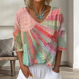 2026 Casual Streetwear Shirt Harajuku Vintage Geometric Print Loose Women's Blouse Elegant V Neck 3/4 Sleeve Autumn Top Pullover
