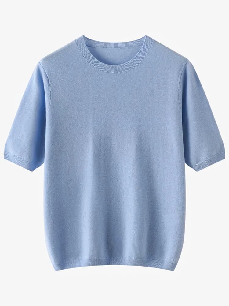 Pure Wool O Neck Loose Half Sleeve Pullover for Women Solid Simple Spring Autumn Knit Top