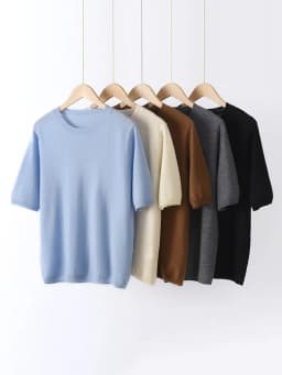 Pure Wool O Neck Loose Half Sleeve Pullover for Women Solid Simple Spring Autumn Knit Top