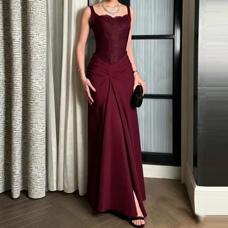 Ladies Sexy Square Collar Lace Evening Dress Spring High Waist Patchwork Draped Long Dress Summer Backless Zips Strap Maxi Dress