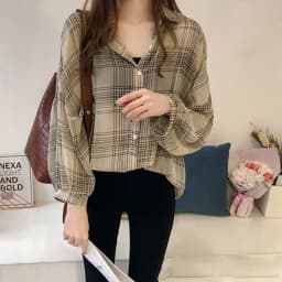 Autumn New Large Size Plaid Blouse Female Vintage Streetwear Loose Thin Out Wear Chiffon Shirts Chic Lantern Sleeve Casual Shirt
