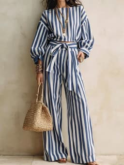 Casual Long Sleeved Loose 2Pc Suit Elegant O-neck Button Shirts & Lace-Up Pant Outfits Fashion Striped Print Wide Leg Pant Sets