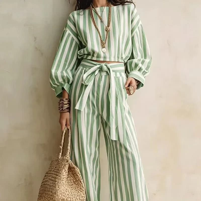 Casual Long Sleeved Loose 2Pc Suit Elegant O-neck Button Shirts & Lace-Up Pant Outfits Fashion Striped Print Wide Leg Pant Sets