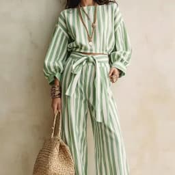 Casual Long Sleeved Loose 2Pc Suit Elegant O-neck Button Shirts & Lace-Up Pant Outfits Fashion Striped Print Wide Leg Pant Sets
