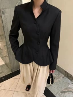 DFDG Women 2026 Spring Summer Chinese Style Blazer Mandarin Stand Collar Diagonal Button Fitted Waist Peplum Hem Office Jacket