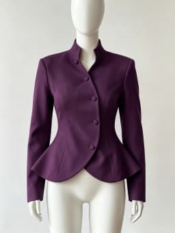 DFDG Women 2026 Spring Summer Chinese Style Blazer Mandarin Stand Collar Diagonal Button Fitted Waist Peplum Hem Office Jacket
