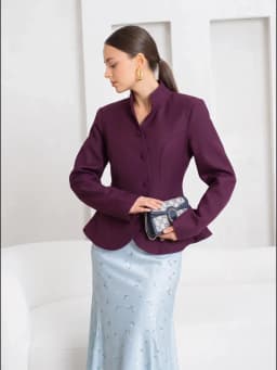 DFDG Women 2026 Spring Summer Chinese Style Blazer Mandarin Stand Collar Diagonal Button Fitted Waist Peplum Hem Office Jacket