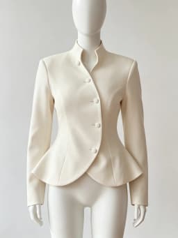 DFDG Women 2026 Spring Summer Chinese Style Blazer Mandarin Stand Collar Diagonal Button Fitted Waist Peplum Hem Office Jacket