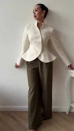 DFDG Women 2026 Spring Summer Chinese Style Blazer Mandarin Stand Collar Diagonal Button Fitted Waist Peplum Hem Office Jacket