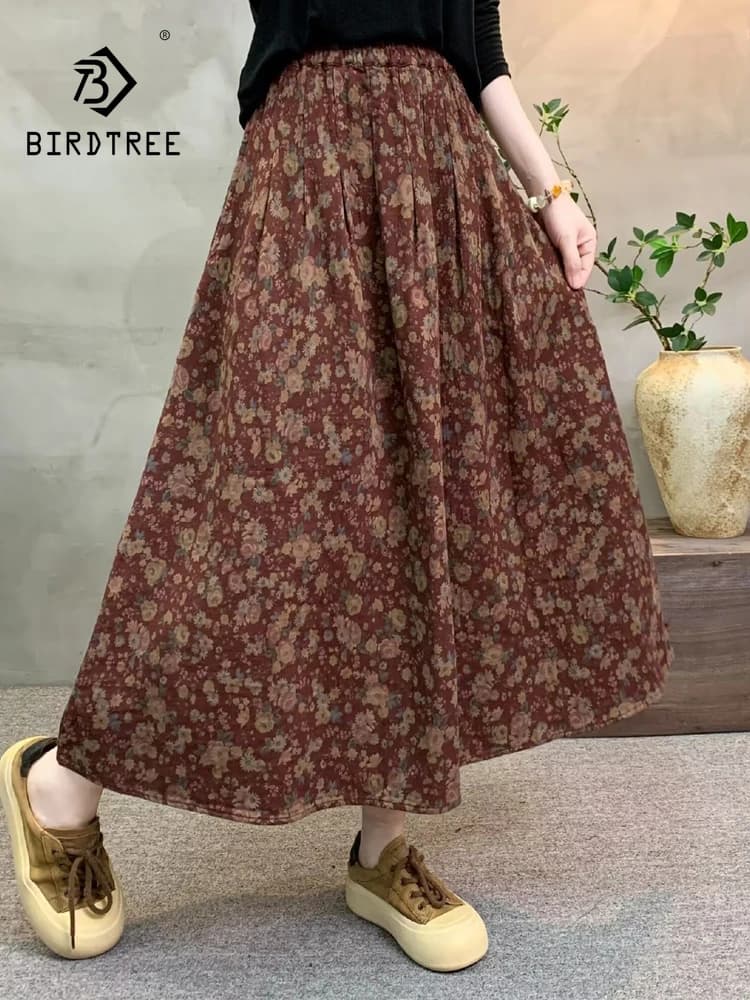 New 2026 Autumn Women Cotton Skirt, Elastic Waist Floral Print, Mori Girl Korean Temperament Casual Loose A-line Skirt B68826CC