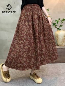New 2026 Autumn Women Cotton Skirt, Elastic Waist Floral Print, Mori Girl Korean Temperament Casual Loose A-line Skirt B68826CC