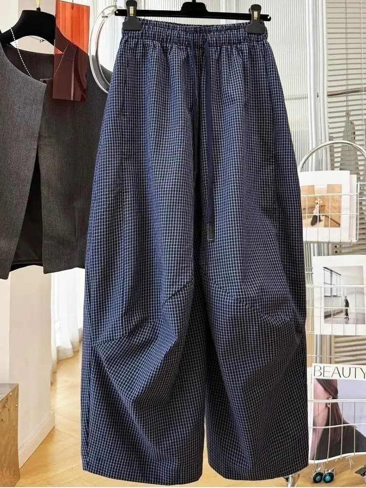 SuperAen Vintage Plaid Comfortable Loose Casual Wide-leg Pants for Women Spring and Autumn Korean Style Simple Full Length Pants