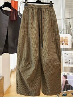 SuperAen Vintage Plaid Comfortable Loose Casual Wide-leg Pants for Women Spring and Autumn Korean Style Simple Full Length Pants
